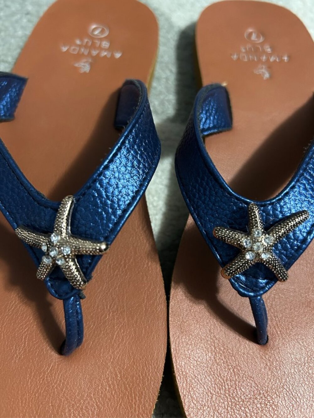 Amanda Blu Navy Gold Tone/Rhinestone Starfish Flip Flops Women's Size 7